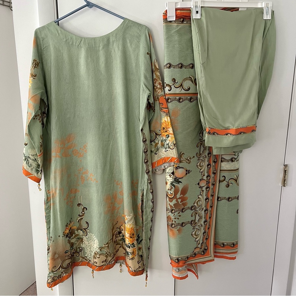 Salwar Kameez in Sage Green and Orange - Picture 2 of 12